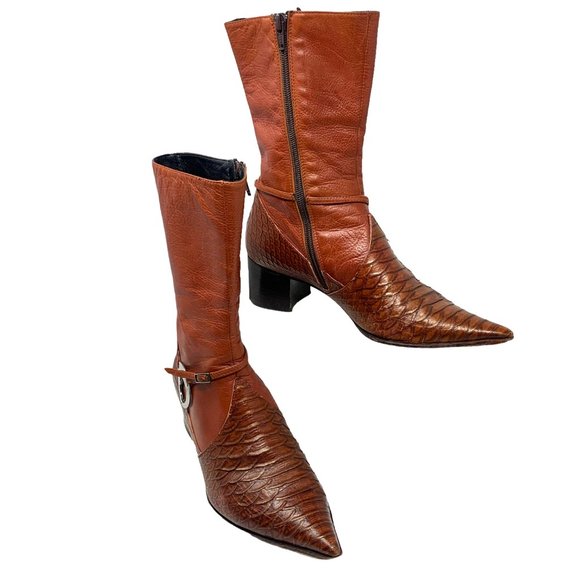 Pour L'Amour Italian Cognac‎ Leather Pointed Mid Calf Zip Boots - Picture 9 of 15